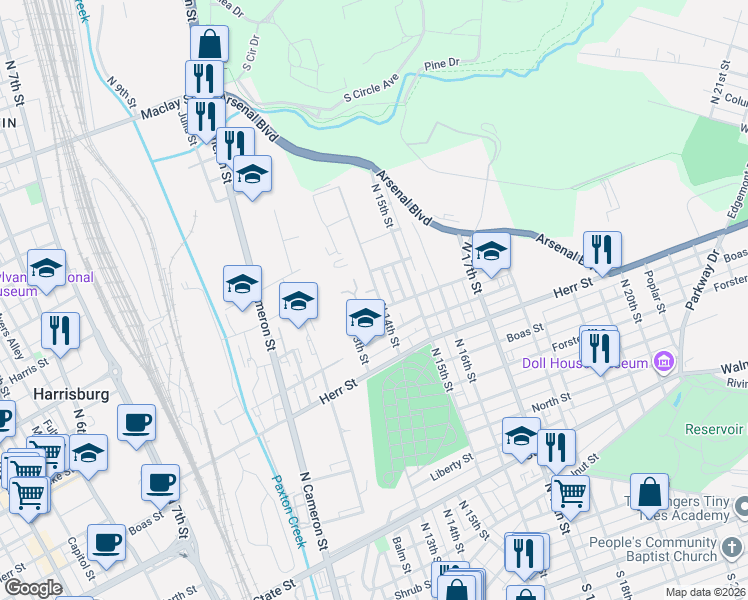 map of restaurants, bars, coffee shops, grocery stores, and more near 1311 North 14th Street in Harrisburg