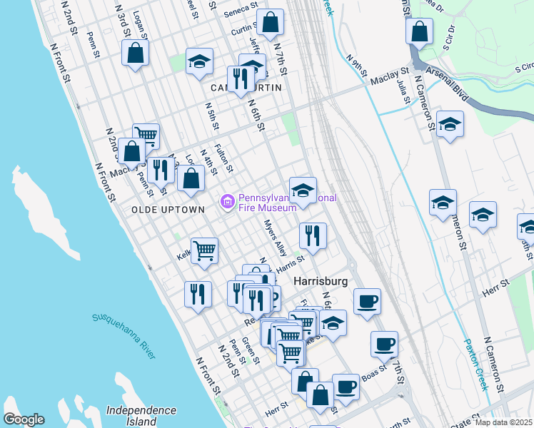 map of restaurants, bars, coffee shops, grocery stores, and more near 1736 North 5th Street in Harrisburg