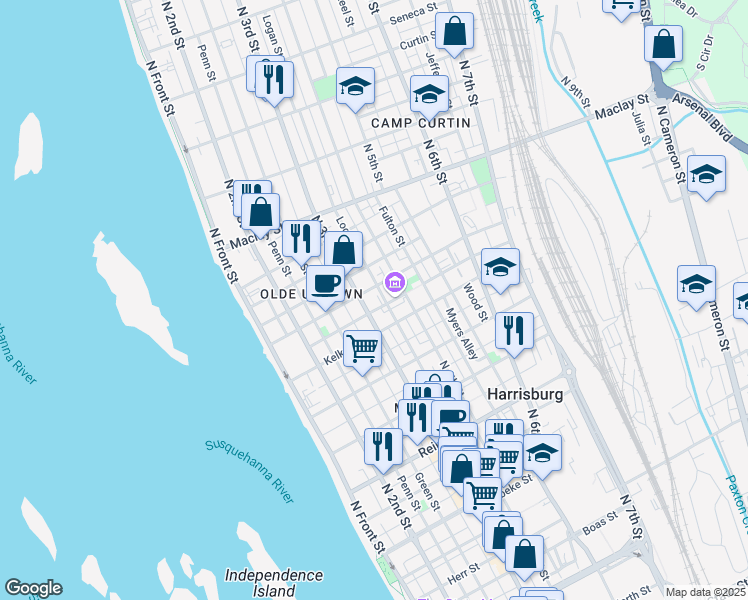 map of restaurants, bars, coffee shops, grocery stores, and more near 317 Muench Street in Harrisburg