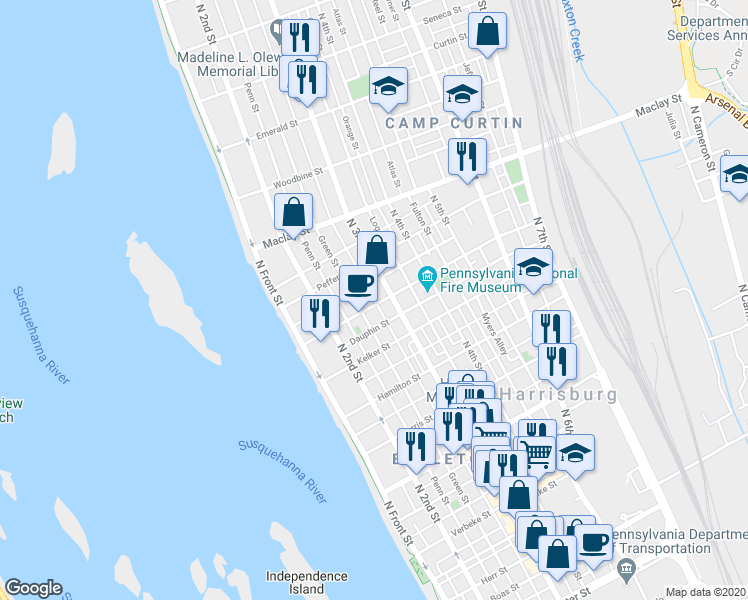map of restaurants, bars, coffee shops, grocery stores, and more near 1907 Susquehanna Street in Harrisburg