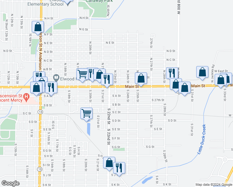map of restaurants, bars, coffee shops, grocery stores, and more near 2301 Main Street in Elwood