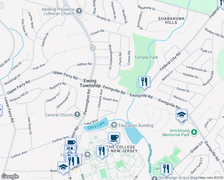 map of restaurants, bars, coffee shops, grocery stores, and more near 495 Ewingville Road in Ewing Township