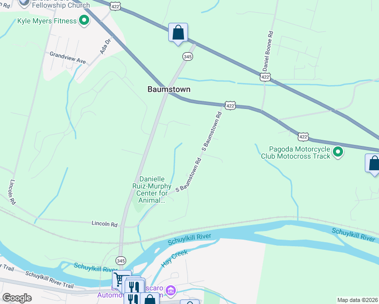 map of restaurants, bars, coffee shops, grocery stores, and more near 320 South Baumstown Road in Birdsboro