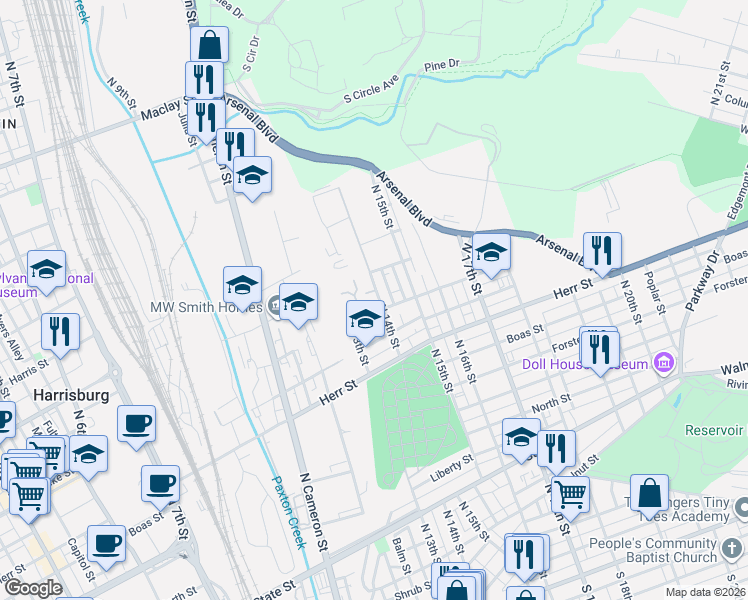 map of restaurants, bars, coffee shops, grocery stores, and more near 1311 North 14th Street in Harrisburg