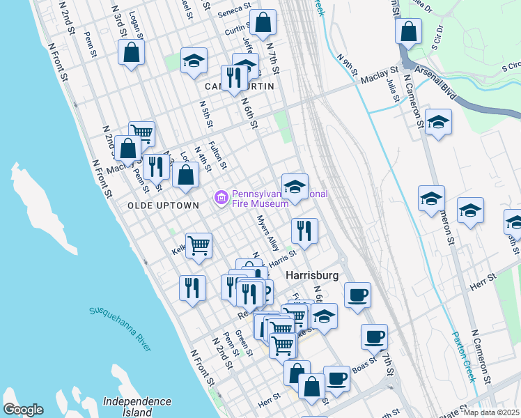 map of restaurants, bars, coffee shops, grocery stores, and more near 1736 North 5th Street in Harrisburg