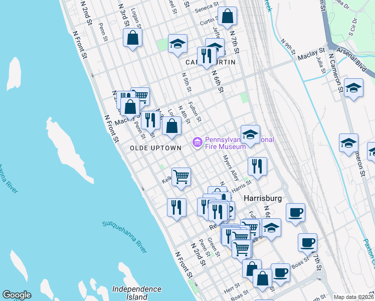 map of restaurants, bars, coffee shops, grocery stores, and more near 317 Muench Street in Harrisburg