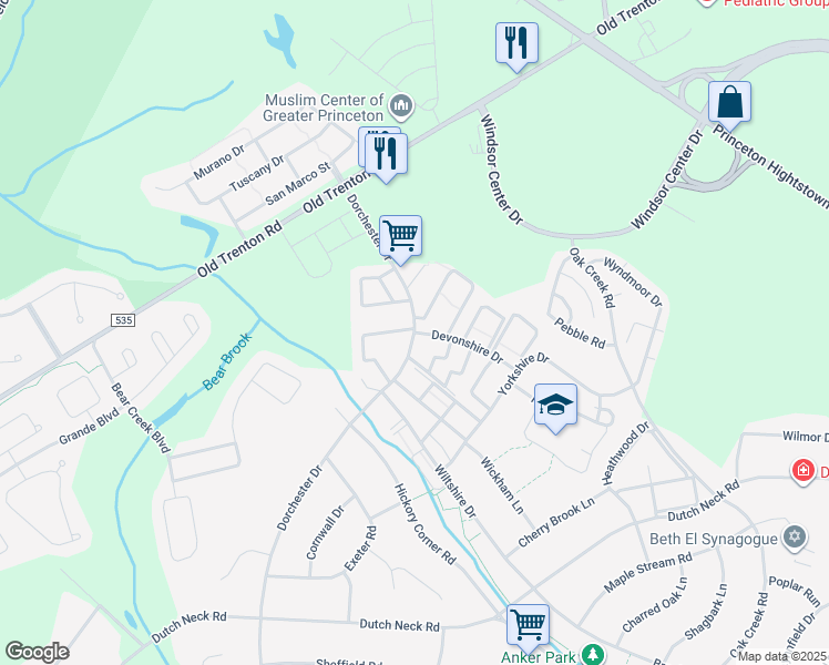 map of restaurants, bars, coffee shops, grocery stores, and more near Dorchester Drive in Cranbury Township