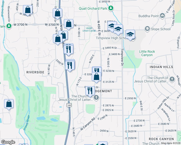 map of restaurants, bars, coffee shops, grocery stores, and more near 240 East 3250 North Street in Provo
