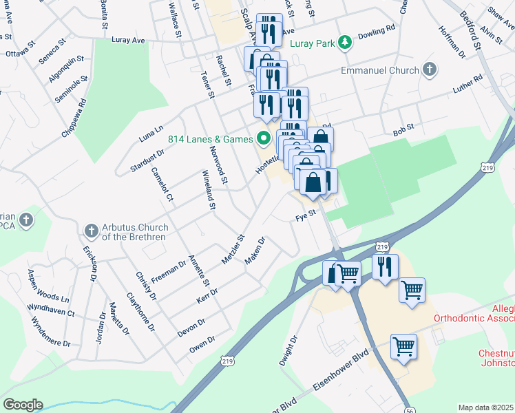 map of restaurants, bars, coffee shops, grocery stores, and more near 125 Metzler Street in Johnstown