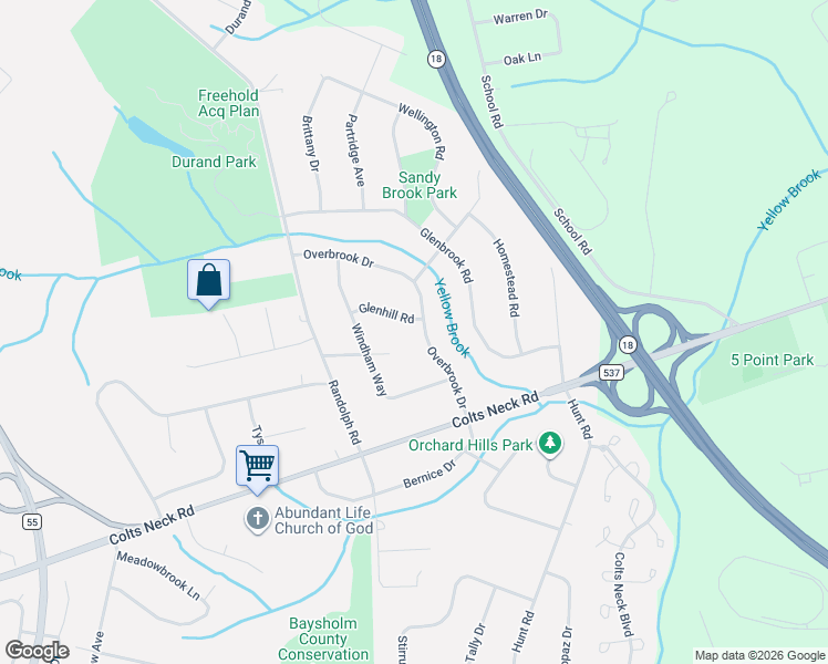 map of restaurants, bars, coffee shops, grocery stores, and more near 40 Glenhill Road in Freehold