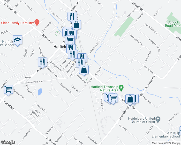 map of restaurants, bars, coffee shops, grocery stores, and more near 447 South Main Street in Hatfield