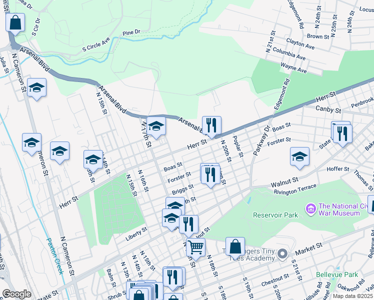 map of restaurants, bars, coffee shops, grocery stores, and more near 1831 Herr Street in Harrisburg