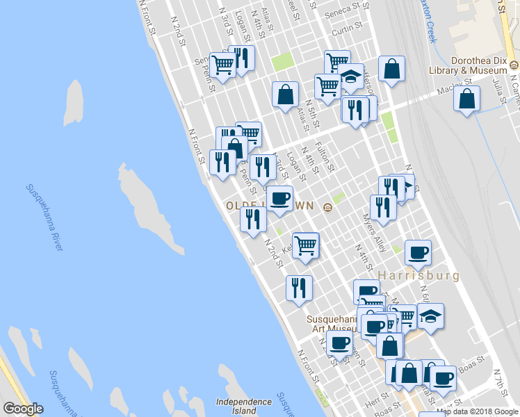 map of restaurants, bars, coffee shops, grocery stores, and more near 1932 Penn Street in Harrisburg