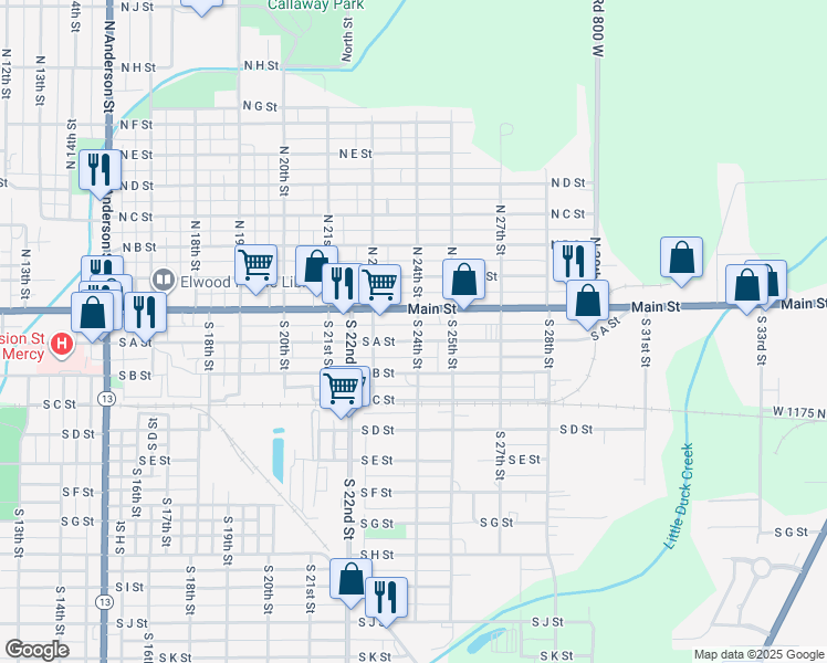 map of restaurants, bars, coffee shops, grocery stores, and more near 6 South 24th Street in Elwood