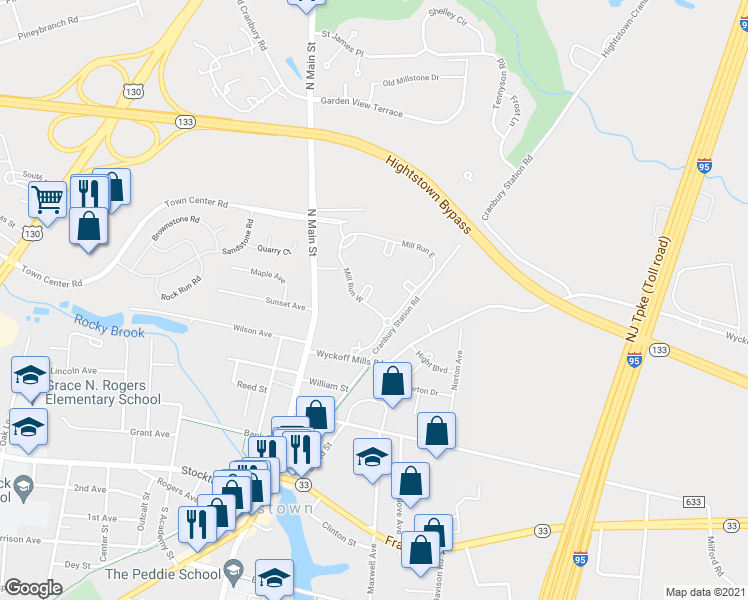 map of restaurants, bars, coffee shops, grocery stores, and more near 27 Huber Court in Hightstown