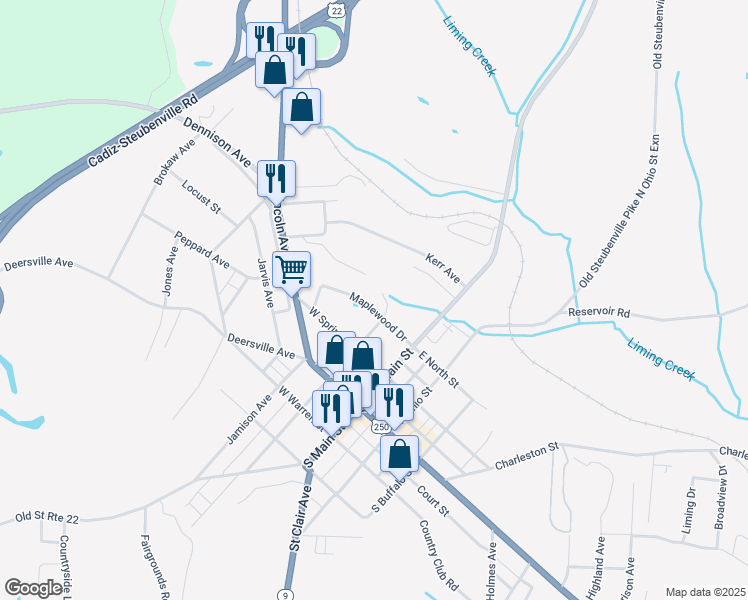map of restaurants, bars, coffee shops, grocery stores, and more near 229 Maplewood Drive in Cadiz