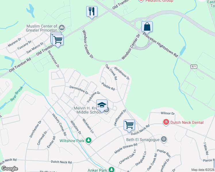 map of restaurants, bars, coffee shops, grocery stores, and more near 24 Oak Creek Road in East Windsor