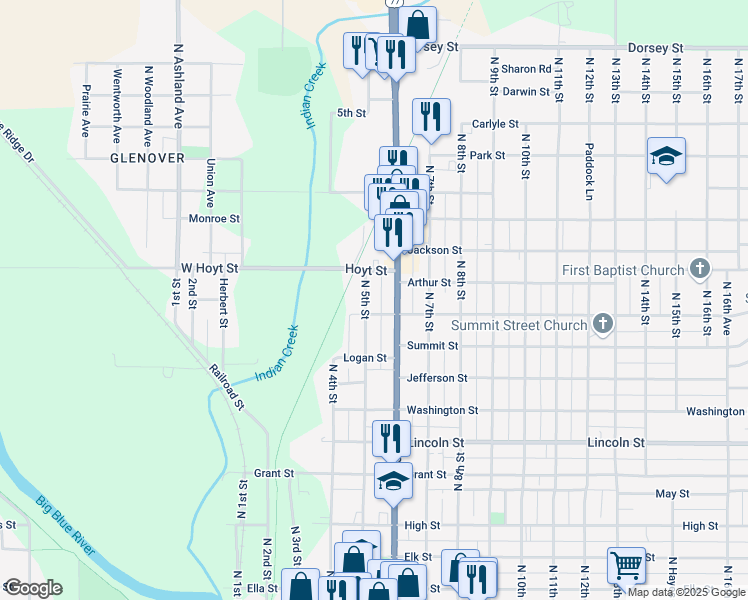 map of restaurants, bars, coffee shops, grocery stores, and more near 1015 North 6th Street in Beatrice
