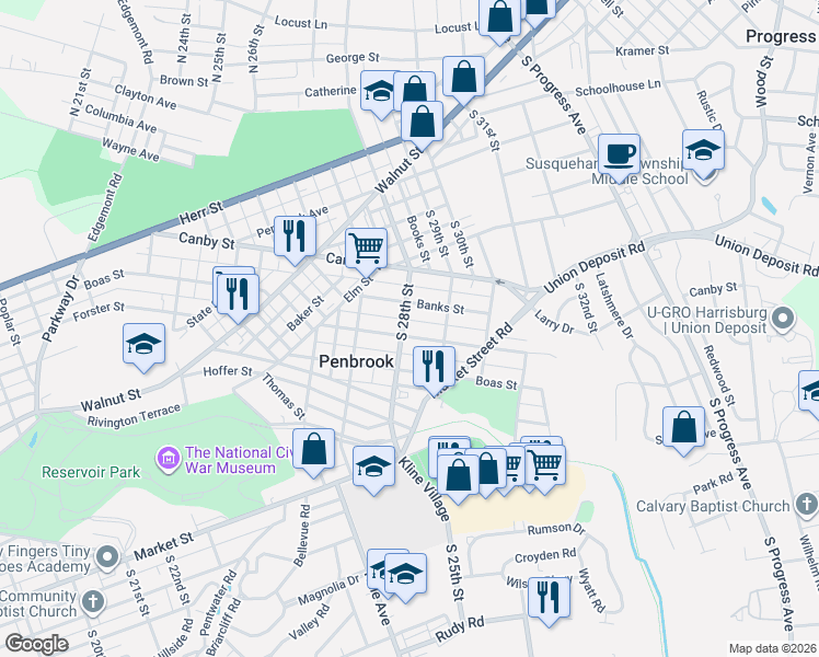 map of restaurants, bars, coffee shops, grocery stores, and more near 2734 Butler Street in Harrisburg