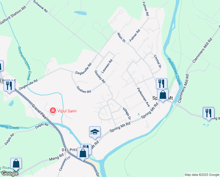 map of restaurants, bars, coffee shops, grocery stores, and more near 20 Grimley Road in Schwenksville