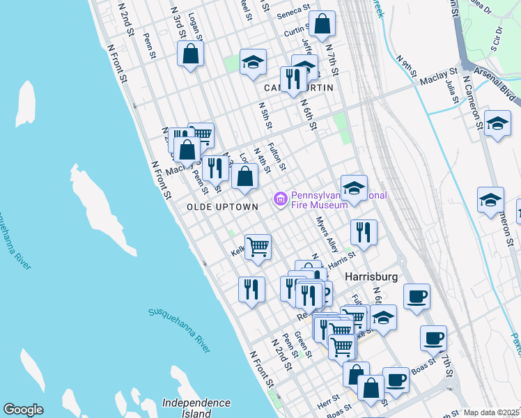 map of restaurants, bars, coffee shops, grocery stores, and more near 1841 North 3rd Street in Harrisburg