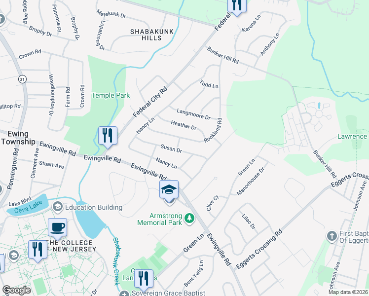 map of restaurants, bars, coffee shops, grocery stores, and more near 132 Susan Dr in Ewing Township