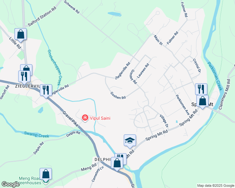 map of restaurants, bars, coffee shops, grocery stores, and more near 136 Goshen Road in Schwenksville