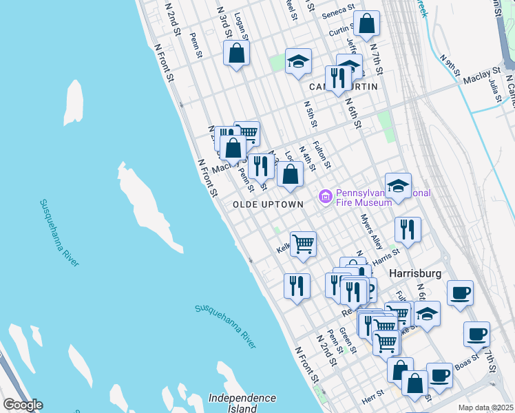 map of restaurants, bars, coffee shops, grocery stores, and more near 1934 Penn Street in Harrisburg