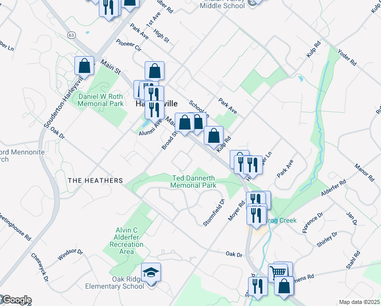 map of restaurants, bars, coffee shops, grocery stores, and more near 422 Main Street in Harleysville