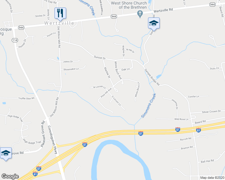 map of restaurants, bars, coffee shops, grocery stores, and more near 11 Pine Hill Avenue in Mechanicsburg