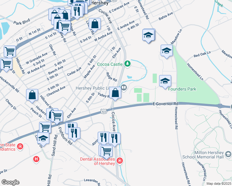 map of restaurants, bars, coffee shops, grocery stores, and more near 701 Cocoa Avenue in Hershey