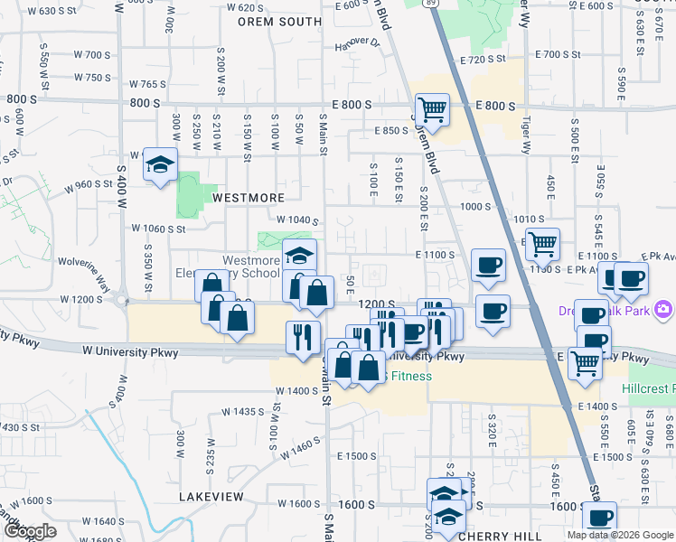 map of restaurants, bars, coffee shops, grocery stores, and more near 1148 South 50 West in Orem