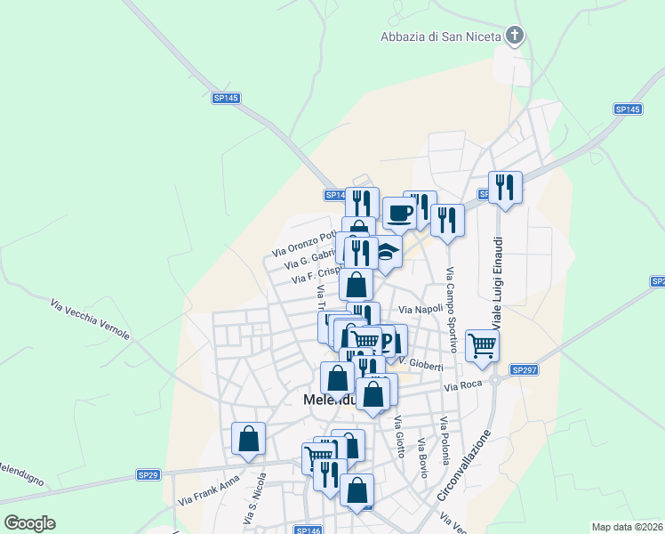 map of restaurants, bars, coffee shops, grocery stores, and more near 17 Via F. Crispi in Melendugno