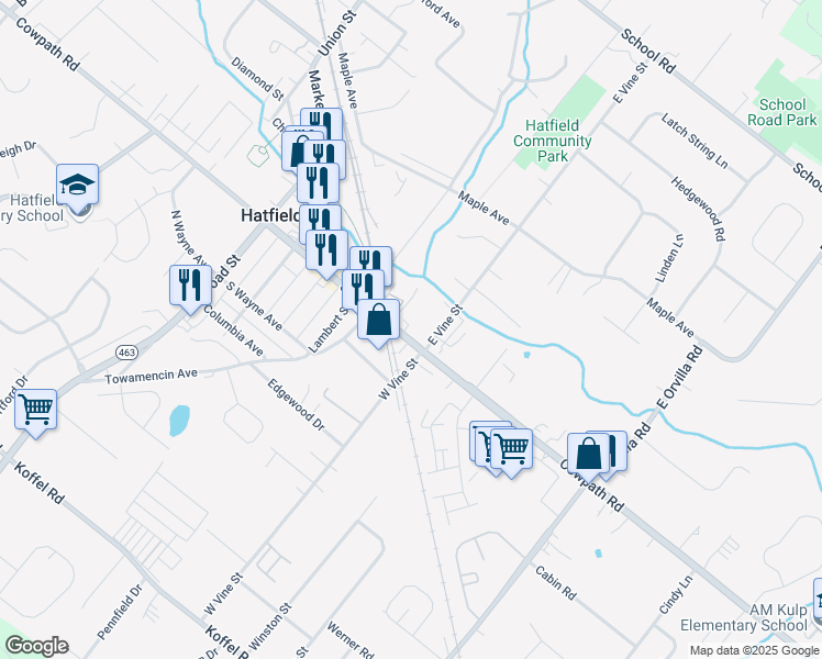 map of restaurants, bars, coffee shops, grocery stores, and more near 447 South Main Street in Hatfield