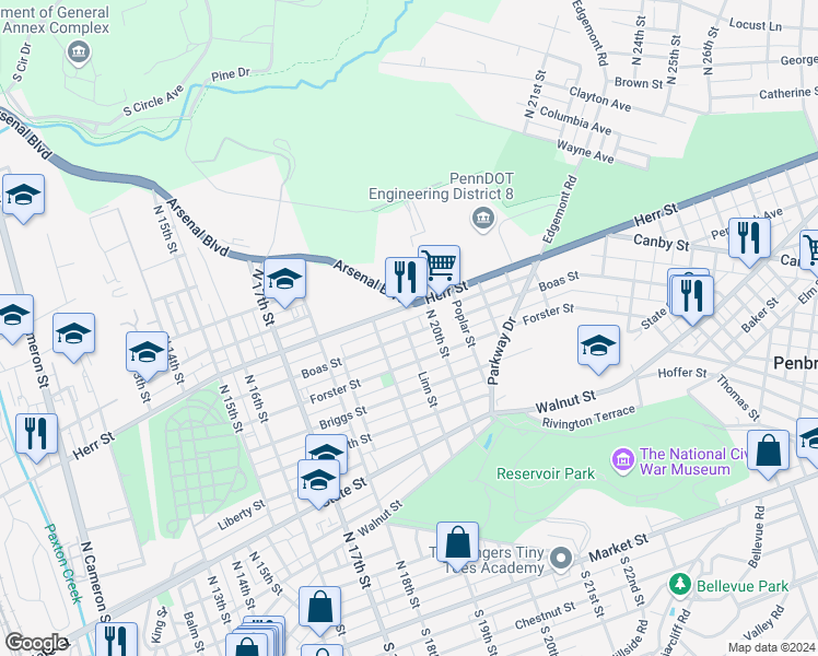 map of restaurants, bars, coffee shops, grocery stores, and more near 1921 Herr Street in Harrisburg
