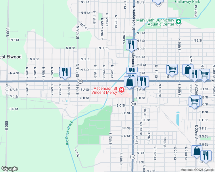 map of restaurants, bars, coffee shops, grocery stores, and more near 1303 Main Street in Elwood