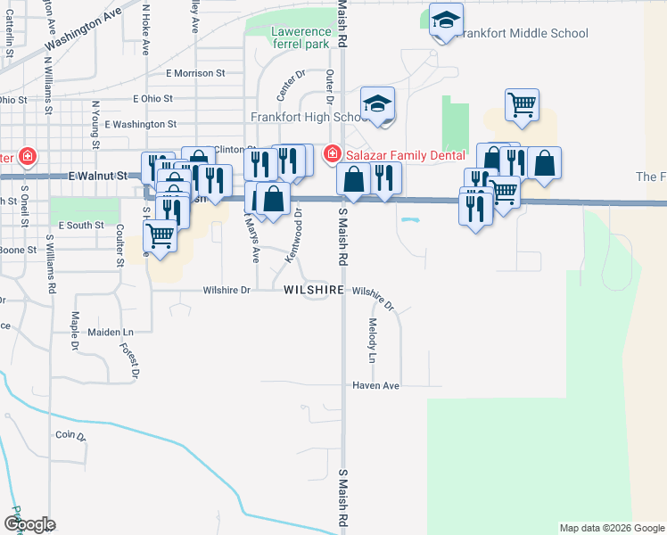 map of restaurants, bars, coffee shops, grocery stores, and more near 559 S Maish Rd in Frankfort