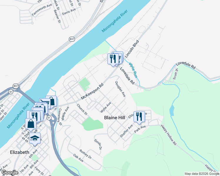 map of restaurants, bars, coffee shops, grocery stores, and more near 510 Monongahela Avenue in Elizabeth