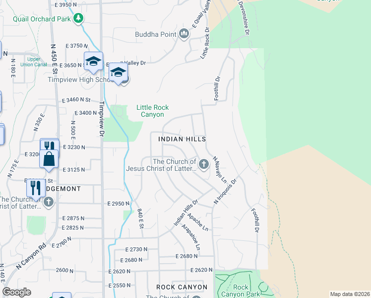 map of restaurants, bars, coffee shops, grocery stores, and more near 3188 North Mojave Lane in Provo