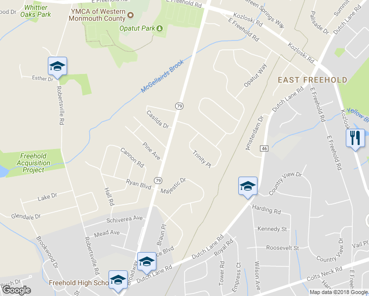 map of restaurants, bars, coffee shops, grocery stores, and more near 24 Trinity Place in Freehold