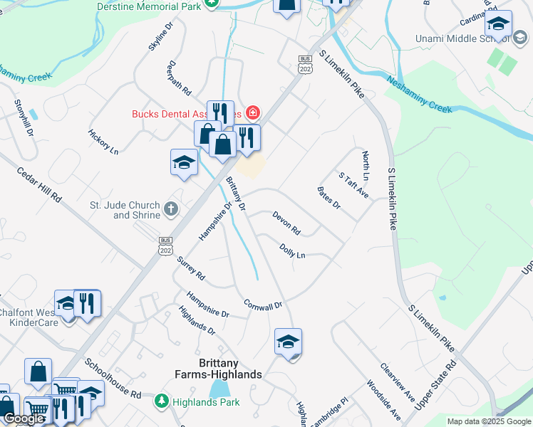 map of restaurants, bars, coffee shops, grocery stores, and more near in Chalfont