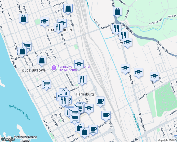 map of restaurants, bars, coffee shops, grocery stores, and more near 1635 North 7th Street in Harrisburg