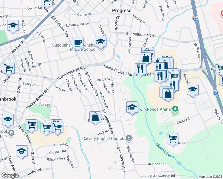 map of restaurants, bars, coffee shops, grocery stores, and more near 517 Shield Street in Harrisburg