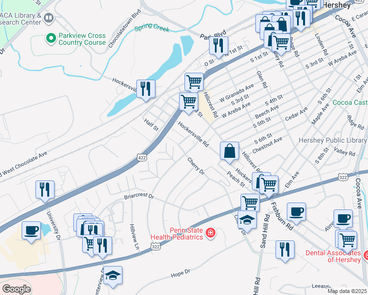 map of restaurants, bars, coffee shops, grocery stores, and more near 213 Half Street in Hershey