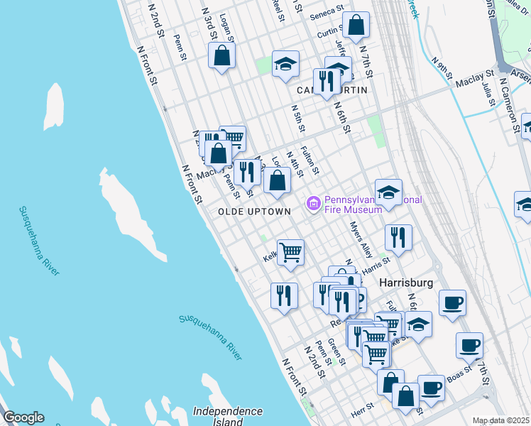 map of restaurants, bars, coffee shops, grocery stores, and more near 1917 Green Street in Harrisburg