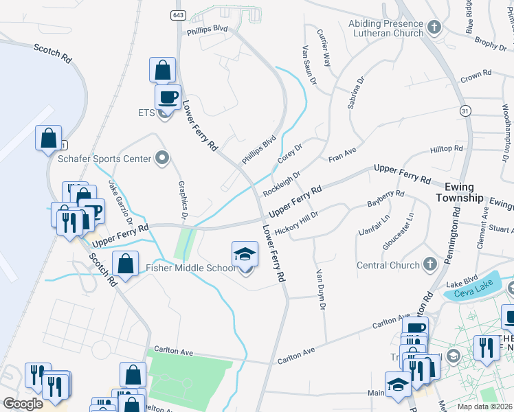 map of restaurants, bars, coffee shops, grocery stores, and more near 1 Rockleigh Drive in Ewing Township