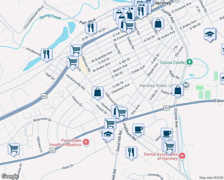 map of restaurants, bars, coffee shops, grocery stores, and more near 525 Chestnut Avenue in Hershey