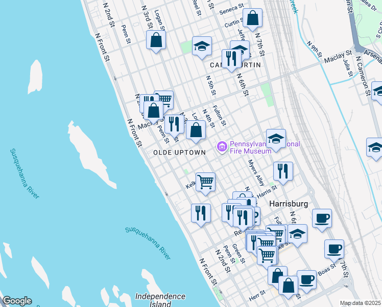 map of restaurants, bars, coffee shops, grocery stores, and more near 1910 Susquehanna Street in Harrisburg