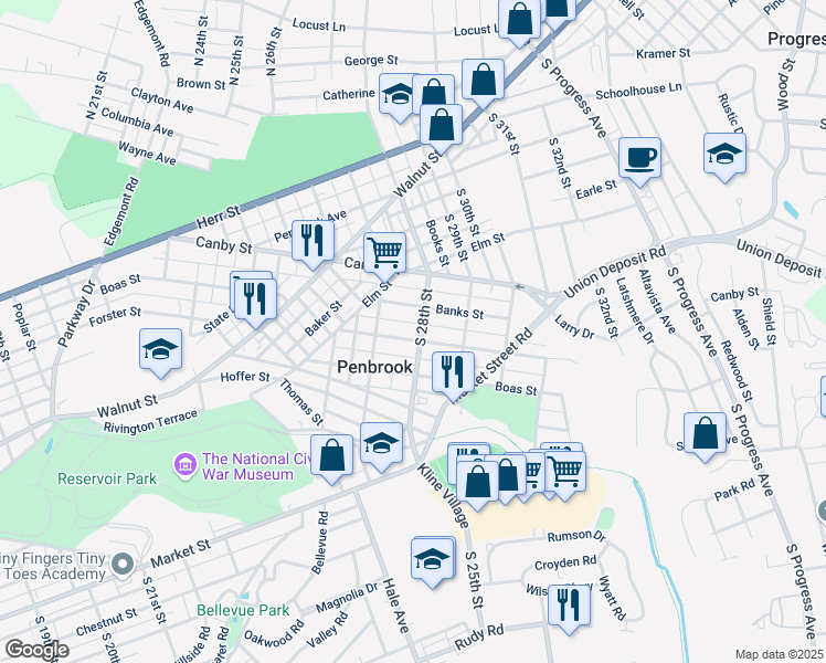 map of restaurants, bars, coffee shops, grocery stores, and more near 2734 Butler Street in Harrisburg