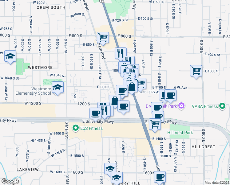 map of restaurants, bars, coffee shops, grocery stores, and more near 1119 South Orem Boulevard in Orem